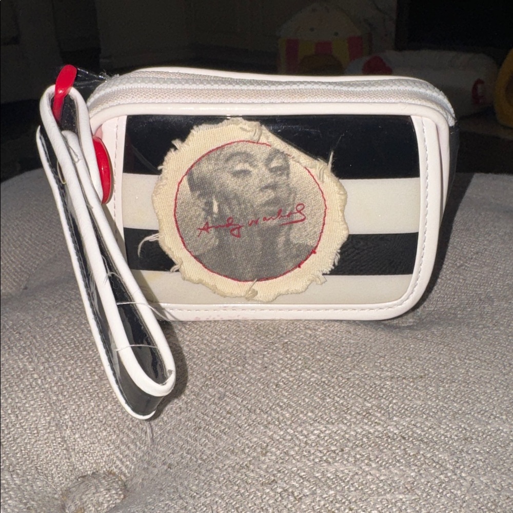 NWOT, Andy Warhol vintage zip black/ white striped wristlet .